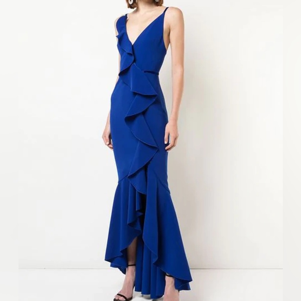 Marchesa Notte Velvet-trimmed Ruffled Cady Gown in Royal Blue